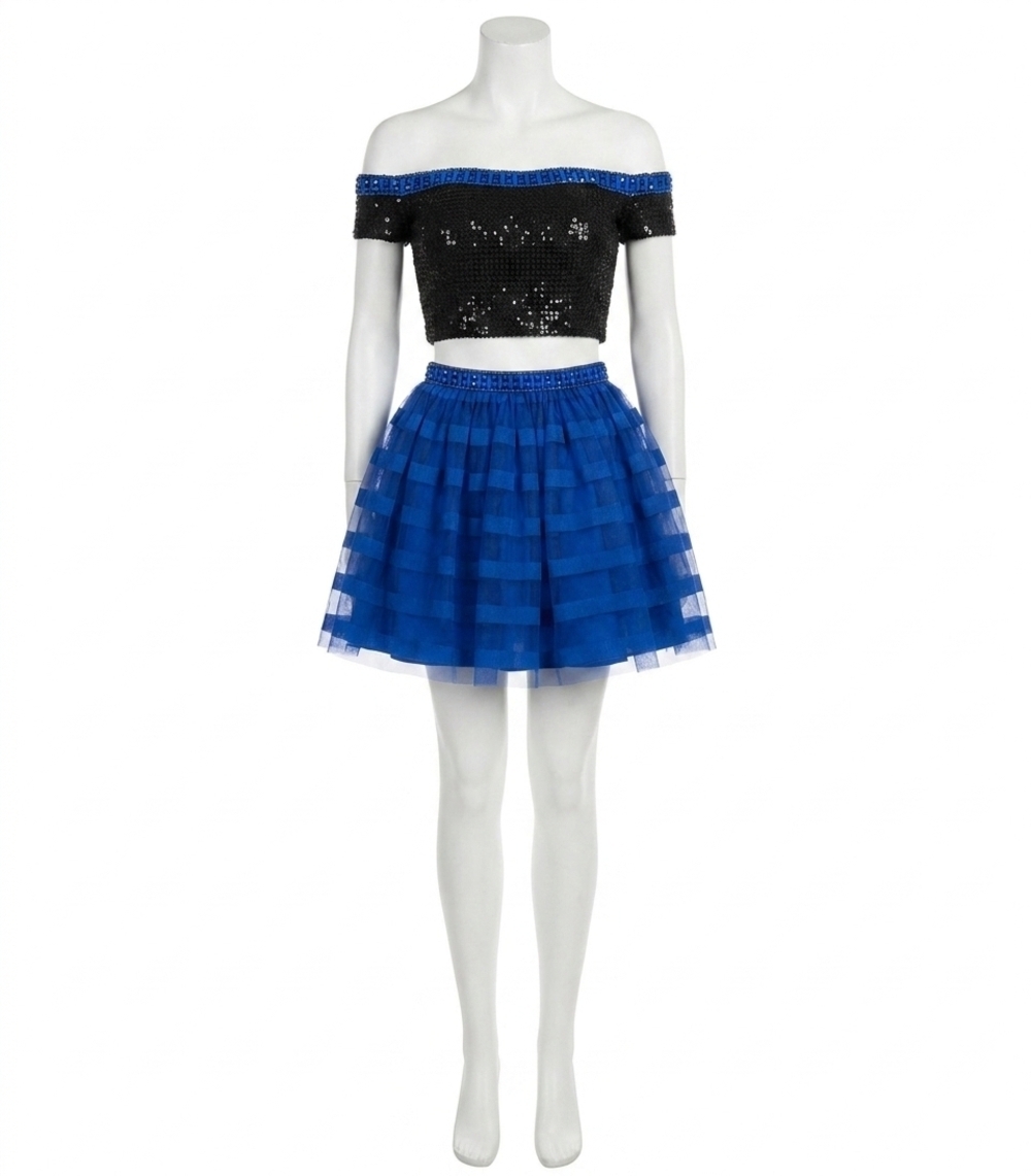 NEW RACHEL ALLAN beaded soft tulle two-piece homecoming dress in black/royal